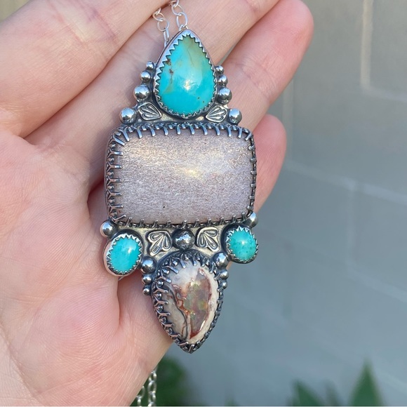 Artisan handmade Turquoise, opal and peach moonstone necklace - Picture 2 of 4